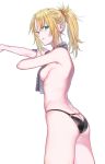  1girl ass ass_cutout blonde_hair breasts butt_crack fate/apocrypha fate/grand_order fate_(series) green_eyes highres long_hair looking_at_viewer nipi27 o-ring o-ring_bottom ponytail saber_of_red sideboob simple_background solo towel underwear white_background 