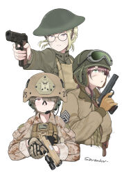  3girls aiming blonde_hair braid brodie_helmet brown_gloves brown_hair brown_hat brown_jacket camouflage camouflage_jacket combat_helmet commentary cropped_torso finger_on_trigger flashlight glasses gloves goggles goggles_on_headwear green_eyes green_hat green_shirt gun handgun hat headset helmet highres jacket load_bearing_vest long_sleeves m1911 military_combat_uniform military_rank_insignia multiple_girls orange_eyes original parted_lips patch pink_eyes round_eyewear safety_glasses savankov shirt short_hair signature simple_background soot symbol-only_commentary tank_helmet tanker_jacket united_states_army united_states_marine_corps weapon white_background world_war_i world_war_ii 