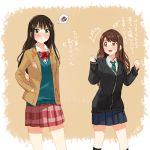  /\/\/\ 2girls alternate_hairstyle blush bow bowtie brown_eyes brown_hair cardigan cosplay costume_switch green_eyes hairstyle_switch half_updo hand_in_pocket idolmaster idolmaster_cinderella_girls long_hair multiple_girls nagiriku912 necktie open_mouth school_uniform shibuya_rin shibuya_rin_(cosplay) shimamura_uzuki shimamura_uzuki_(cosplay) side_ponytail skirt speech_bubble spoken_squiggle squiggle sweat translation_request 