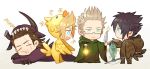  4boys behemoth_(final_fantasy) black_hair blonde_hair blue_eyes character_costume chibi chocobo cosplay final_fantasy final_fantasy_xv fish fishing_rod ginmu gladiolus_amicitia green_eyes ignis_scientia lantern multiple_boys musical_note noctis_lucis_caelum prompto_argentum scar sleeping sparkle tonberry 