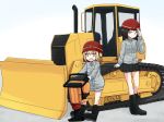  2girls adjusting_clothes adjusting_hat bangs black_boots black_hair blonde_hair blue_eyes boots bulldozer closed_mouth girls_und_panzer gloves grey_jacket hat helmet holding jackhammer kakizaki_(chou_neji) katyusha light_smile long_hair long_sleeves looking_at_viewer miniskirt multiple_girls nonna open_mouth oversized_clothes pleated_skirt pravda_(emblem) red_hat short_hair simple_background skirt standing white_background white_gloves 