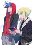 2boys artist_name blue_eyes blue_hair candy coat food galo_thymos gearous green_hair hands_in_pockets highres hood hood_up hoodie lio_fotia lollipop male_focus mouth_hold multiple_boys nintendo_switch pants promare sweatpants violet_eyes 