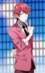  1boy arm_behind_back black_necktie clenched_hand closed_mouth cowboy_shot formal idol looking_to_the_side maiyama_shun male_focus microphone necktie pocket red_eyes redhead shounen_hollywood sleeves_folded_up smile solo suit urahara 