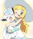  1girl ;o ^_^ ^o^ alolan_vulpix bangs bare_shoulders blonde_hair blunt_bangs blush braid closed_eyes dress eromame green_eyes happy hat hug lillie_(pokemon) long_hair looking_at_viewer one_eye_closed open_mouth pokemon pokemon_(anime) pokemon_(creature) pokemon_(game) pokemon_sm pokemon_sm_(anime) sleeveless sleeveless_dress sun_hat twin_braids twitter_username vulpix 