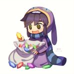  1boy bag black_eyes black_hair full_body gem hat male_focus open_mouth ravio robe scarf seiza sitting smile solo spoilers striped striped_scarf the_legend_of_zelda the_legend_of_zelda:_a_link_between_worlds translation_request wusagi2 