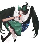  1girl arm_cannon asakura_noi blouse bow breasts brown_hair cape frills hair_bow kneehighs long_hair open_mouth red_eyes reiuji_utsuho shoes sketch skirt smile solo third_eye touhou weapon white_background wings 