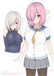  2017 2girls bare_shoulders between_breasts black_gloves blue_eyes blush bodysuit breasts cosplay costume costume_switch dated elbow_gloves eyebrows_visible_through_hair fate/grand_order fate_(series) gloves grey_skirt hair_ornament hair_over_one_eye hairclip hamakaze_(kantai_collection) hamakaze_(kantai_collection)_(cosplay) highres kantai_collection kuavera large_breasts looking_at_viewer multiple_girls open_mouth pantyhose pink_hair pleated_skirt school_uniform serafuku shielder_(fate/grand_order) shielder_(fate/grand_order)_(cosplay) short_sleeves silver_hair skirt smile surprised trait_connection translated twitter_username violet_eyes white_gloves 