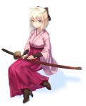  1girl ahoge ato_(haru_ato) bangs black_bow blonde_hair blush boots bow closed_mouth eyebrows_visible_through_hair fate_(series) full_body green_eyes hair_between_eyes hair_bow hakama half_updo high_heel_boots high_heels highres japanese_clothes katana kimono koha-ace looking_at_viewer meiji_schoolgirl_uniform pink_kimono pink_skirt pleated_skirt sakura_saber sheath sheathed simple_background sitting skirt smile solo sword weapon white_background wide_sleeves 