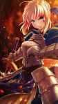  1girl ahoge armor armored_dress artist_request blonde_hair blood blood_on_face blue_eyes dress excalibur fate/stay_night fate_(series) fire gauntlets highres holding holding_weapon looking_at_viewer open_mouth saber solo sword weapon 