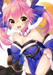  1girl animal_ears blue_legwear blush bow breasts cleavage collarbone detached_sleeves fate/extra fate_(series) fox_ears fox_tail hair_bow hair_ribbon highres ikari_(aor3507) japanese_clothes large_breasts looking_at_viewer open_mouth pink_hair ribbon simple_background solo tail tamamo_(fate)_(all) tamamo_no_mae_(fate) white_background yellow_eyes 