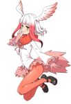  1girl clearite crested_ibis_(kemono_friends) gloves kemono_friends monster_girl open_mouth pantyhose pleated_skirt short_hair skirt solo white_background white_hair wings yellow_eyes 