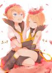  1boy 1girl anniversary arm_tattoo bass_clef blonde_hair bloom blue_eyes blurry bow brother_and_sister closed_eyes dated depth_of_field detached_sleeves fang flower frilled_shirt frills grin hair_bow hair_ornament hairclip happy happy_birthday head_wreath headphones headset highres kagamine_len kagamine_rin kneeling motion_blur necktie open_mouth oyamade_(pi0v0jg) petals red_flower sailor_collar shirt short_hair shorts siblings sitting sitting_on_lap sitting_on_person smile tattoo treble_clef twins vocaloid yellow_necktie 