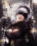  1girl artist_name bangs black_gloves blindfold blurry breasts chains commentary depth_of_field english gloves hairband head_tilt matty_lasuire medium_breasts nier_(series) nier_automata parted_lips petals realistic silver_hair solo swept_bangs sword upper_body weapon yorha_no._2_type_b 