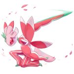  from_side full_body looking_at_viewer looking_to_the_side lurantis no_humans one_knee outstretched_arm petals pokemon pokemon_(creature) profile red_eyes simple_background slashing white_background 