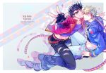  2boys akiae_(hayj14) black_hair blonde_hair bloody_stream blue_eyes blue_hair blue_jacket caesar_anthonio_zeppeli contemporary cover cover_page feathers fingerless_gloves gloves hair_feathers headband jacket jewelry jojo_no_kimyou_na_bouken joseph_joestar_(young) male_focus midriff multiple_boys pants ring sparkle torn_clothes torn_pants 