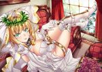  1girl :p ahoge belt blonde_hair boots breasts cleavage couch dress elbow_gloves fate/extella fate/extra fate/extra_ccc fate_(series) flower gloves green_eyes highres knee_boots large_breasts lock looking_at_viewer looking_back merufena padlock rose saber_bride saber_extra sitting smile solo thighs tongue tongue_out veil white_dress white_gloves white_legwear window wreath 