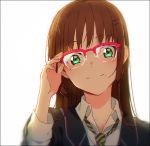  1girl adjusting_glasses backlighting bangs blurry brown_hair close-up closed_mouth depth_of_field eyebrows_visible_through_hair glasses green_eyes hair_ornament hairclip hakusai_(tiahszld) hand_up long_hair looking_at_viewer mole mole_under_eye mole_under_mouth original over-rim_glasses pink-framed_eyewear school_uniform semi-rimless_glasses smile solo upper_body 
