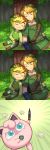  :&lt; :3 aqua_eyes blonde_hair closed_eyes crossover drooling emphasis_lines forest grass highres jigglypuff link marker musical_note nature pointy_ears pokemon pokemon_(creature) shadow sitting sleeping the_legend_of_zelda the_legend_of_zelda:_skyward_sword the_legend_of_zelda:_the_wind_waker tree tree_shade tunic wusagi2 