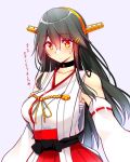  1girl bare_shoulders black_hair blush breasts choker collarbone detached_sleeves eyebrows_visible_through_hair eyes_visible_through_hair grey_background hair_between_eyes hair_ornament hairclip hakama haruna_(kantai_collection) highres japanese_clothes kantai_collection large_breasts long_hair looking_at_viewer nontraditional_miko orange_eyes red_hakama remodel_(kantai_collection) ribbon-trimmed_sleeves ribbon_trim shiny shiny_hair simple_background solo translation_request tsukui_kachou 