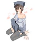  1girl animal_hat animal_print arm_support bangs black_cat black_hat black_legwear black_shorts blue_shirt brown_eyes brown_hair casual cat cat_hat cat_print cat_slippers closed_mouth full_body girls_und_panzer hat long_sleeves looking_at_viewer nishizumi_maho off_shoulder saikawa_yusa shirt short_hair short_shorts shorts simple_background sitting sketch slippers solo thigh-highs wariza white_background 