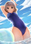  1girl absurdres ball beachball blush breasts brown_eyes brown_hair competition_swimsuit highres ikoma_minami kami_nomi_zo_shiru_sekai looking_down one-piece_swimsuit outstretched_arm short_hair solo stretch summer swimsuit terebi_(shimizu1996) wading wet wet_clothes 