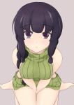  1girl backless_outfit bangs bare_arms bare_back bare_legs bare_shoulders black_eyes black_hair blunt_bangs breasts dress from_above halterneck highres kantai_collection kiri_(foxsnake) kitakami_(kantai_collection) looking_at_viewer naked_sweater ribbed_sweater sideboob sitting sweater sweater_dress turtleneck turtleneck_sweater virgin_killer_sweater 