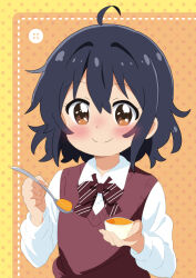  1girl 22/7 ahoge black_hair blush bow bowtie brown_eyes collared_shirt commentary_request food holding holding_food holding_spoon long_sleeves looking_at_viewer mizusaki_johnko orange_background polka_dot polka_dot_background pudding shirt short_hair smile solo spoon striped_bow striped_bowtie striped_clothes sweater_vest takigawa_miu upper_body 