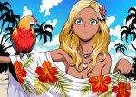  1girl :&lt; animal beach bird bird_on_arm blonde_hair blue_eyes blue_sky breasts cleavage closed_mouth clouds cloudy_sky collarbone dark_skin day eyelashes fingernails floral_print flower forehead hair_flower hair_ornament heart heart_necklace hoby holding jewelry long_fingernails long_hair looking_at_viewer necklace nude original outdoors palm_tree parrot ring sand sky solo towel tree upper_body 