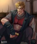  1boy blonde_hair caesar_anthonio_zeppeli facial_mark jojo_no_kimyou_na_bouken oppi_(ksop28) sitting solo teenage teenager vest watermark younger 