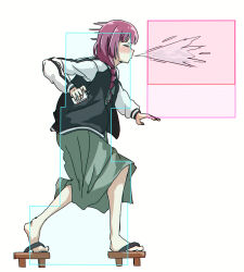  1girl alcohol_carton black_jacket black_nails blush bocchi_the_rock! bow closed_eyes dress drinking_straw fighting_game fingernails from_side full_body geta green_bow green_dress hair_bow hair_over_shoulder heel_up hiroi_kikuri hitbox hokuto_no_ken hokuto_no_ken:_shinpan_no_sousousei_kengou_retsuden holding_carton jacket jagi long_hair long_sleeves low-braided_long_hair low-tied_long_hair medium_dress multicolored_jacket nail_polish open_clothes open_jacket pink_hair simple_background solo spit_take spitting too_many_watermarks torako_(toramaru) twitter_username two-tone_jacket v-shaped_eyebrows watermark white_background white_jacket 