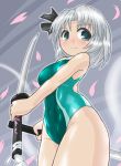  1girl blush competition_swimsuit dual_wielding ghost green_eyes hair_ribbon hairband highleg highleg_swimsuit hitodama katana konpaku_youmu konpaku_youmu_(ghost) looking_at_viewer one-piece_swimsuit ribbon shiny shiny_clothes silver_hair solo swimsuit sword touhou weapon winn 