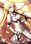  1girl armor armored_dress blonde_hair blue_eyes braid capelet chains cowboy_shot fate/apocrypha fate_(series) faulds fur_trim gauntlets headpiece highres lips parted_lips ruler_(fate/apocrypha) shiguru single_braid standard_bearer thigh-highs 