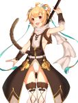  1girl ahoge anchira_(granblue_fantasy) belt blonde_hair bow breasts detached_sleeves erun_(granblue_fantasy) fur_trim granblue_fantasy hair_bow highres leotard looking_at_viewer mathew_(srmmk_mce) monkey_ears monkey_tail open_mouth red_eyes scarf short_hair sideboob small_breasts smile solo staff tail thigh-highs vest white_scarf 
