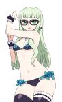  1girl :o aikatsu! arm_up bangs bare_arms bare_shoulders bat_earrings bespectacled bikini black-framed_eyewear black_bikini black_legwear blue_bow blunt_bangs bow bow_bikini breasts chan_co cowboy_shot earrings fang frilled_bikini frilled_cuffs frilled_legwear frills glasses green_eyes green_hair jewelry long_hair looking_at_viewer navel necklace open_mouth pendant revision sidelocks simple_background small_breasts solo swimsuit thigh-highs toudou_yurika white_background wrist_cuffs 