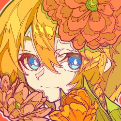  1girl artist_request blonde_hair blue_eyes bright_pupils closed_mouth commission cookie_(touhou) flower highres kirisame_marisa ligne_claire looking_at_viewer meguru_(cookie) orange_flower portrait second-party_source short_hair smile solo touhou white_pupils 