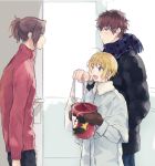  3boys alternate_hair_color beit blonde_hair brown_eyes brown_hair coat holding idolmaster idolmaster_side-m kfc male_focus mole mole_under_eye multiple_boys pierre_(idolmaster) ponytail red_sweater scarf smile sweater takajou_kyouji urahara violet_eyes watanabe_minori winter_clothes winter_coat 