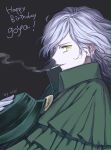  1boy edmond_dantes_(fate/grand_order) fate/grand_order fate_(series) hat highres looking_at_viewer male_focus nipi27 short_hair smile smoking solo translation_request wavy_hair white_hair yellow_eyes 