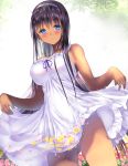  bare_shoulders black_hair blue_eyes breasts dark_skin dress dutch_angle flower gorua_(youce01) hairband large_breasts long_hair looking_at_viewer original skirt_hold solo white_dress 