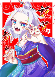  1girl alternate_hairstyle bare_shoulders blue_eyes blue_kimono border claw_pose eyelashes facepaint fangs freckles hands_up highres japanese_clothes kimono lightning_bolt_symbol nail_polish obi open_mouth outline pokemon pokemon_bw2 purple_kimono red_background red_nails red_sash roxie_(pokemon) runa_(luna_naut) sash solo two-tone_kimono upper_body v-shaped_eyebrows white_border white_hair white_outline 