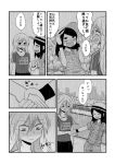  /\/\/\ 2girls blush casual comic greyscale hand_holding hat highres long_hair mochi_au_lait monochrome multiple_girls original rain riverbank shirt t-shirt wristband 