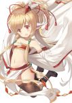  1girl animal_ears bandeau bangs bare_shoulders blonde_hair blush brown_legwear collarbone detached_sleeves feathers flat_chest granblue_fantasy hair_ornament hand_on_own_chest harbin heijialan long_hair looking_at_viewer makira_(granblue_fantasy) navel open_mouth red_eyes sandals simple_background solo thigh-highs white_background wide_sleeves 