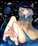  1girl bad_feet barefoot bow eyeball feet floral_print green_eyes hat hat_bow hat_ribbon heart heart_of_string komeiji_koishi pov_feet ribbon rinaka_moruchi short_hair silver_hair solo third_eye touhou water wide_sleeves 