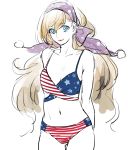  1girl american_flag_bikini asakura_noi bikini blue_eyes bow breasts cleavage clownpiece cowboy_shot flag_print hair_bow long_hair looking_at_viewer midriff navel no_hat no_headwear pom_pom_(clothes) sketch smile solo swimsuit touhou white_background 