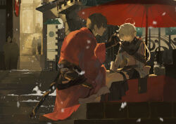  1boy 1girl adventurer_(ff14) alisaie_leveilleur black_gloves blue_eyes brown_hair city elbow_gloves elezen elf final_fantasy final_fantasy_xiv fingerless_gloves full_body gloves hair_ribbon highres hyur japanese_clothes kimono long_hair looking_at_another oil-paper_umbrella outdoors people pointy_ears red_kimono ribbon rokyoyoo samurai_(final_fantasy) short_hair silhouette sitting snowing squatting stairs umbrella warrior_of_light_(ff14) white_hair 