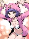  1girl :d animal_hood arms_up bent_over bikini breasts cleavage collarbone eyebrows_visible_through_hair eyelashes groin hoby hood hood_up hooded_jacket jacket leaning_forward long_sleeves looking_at_viewer medium_breasts navel open_clothes open_jacket open_mouth orange_eyes original pig_hood pink_jacket purple_hair short_hair smile solo swimsuit teeth tongue white_bikini 