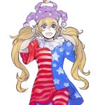  1girl american_flag_dress american_flag_legwear asakura_noi blonde_hair blue_eyes clownpiece cowboy_shot hat holding holding_hair jester_cap long_hair open_mouth pom_pom_(clothes) sketch smile solo touhou twintails white_background 