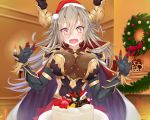  1girl armor blush breasts cake cape christmas christmas_wreath doraf drooling elbow_gloves food fruit gloves granblue_fantasy grey_hair hair_between_eyes hat horns indoors keke-san large_breasts long_hair merry_christmas open_mouth red_eyes santa_hat sarasa_(granblue_fantasy) shoulder_armor solo star star-shaped_pupils strawberry symbol-shaped_pupils 