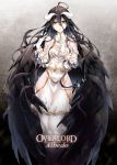  1girl ahoge albedo bare_shoulders black_hair black_wings breasts character_name cleavage copyright_name demon_girl demon_horns dress e-nya gloves hair_between_eyes hip_vent horns large_breasts long_hair looking_at_viewer open_mouth overlord_(maruyama) solo very_long_hair white_dress white_gloves wings yellow_eyes 