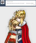  artoria_pendragon_lancer_(fate/grand_order) blush breasts cape cleavage dailymordred.tumblr fate/apocrypha fate/grand_order fate_(series) hug mother_and_daughter saber saber_of_red smile 