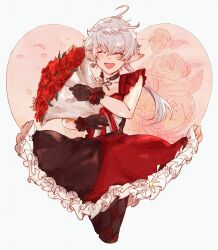  1girl ^_^ absurdres ahoge alisaie_leveilleur alternate_costume black_collar black_gloves bouquet closed_eyes collar cowboy_shot cropped_legs dress earclip earrings elezen elf facing_viewer final_fantasy final_fantasy_xiv flower frilled_dress frills gloves happy heart heart_background highres holding holding_bouquet hutaba_0718 jewelry leaf long_hair low_ponytail open_mouth pointy_ears ponytail red_dress red_flower red_rose ribbon rose single_earring smile solo standing white_hair wrist_ribbon 